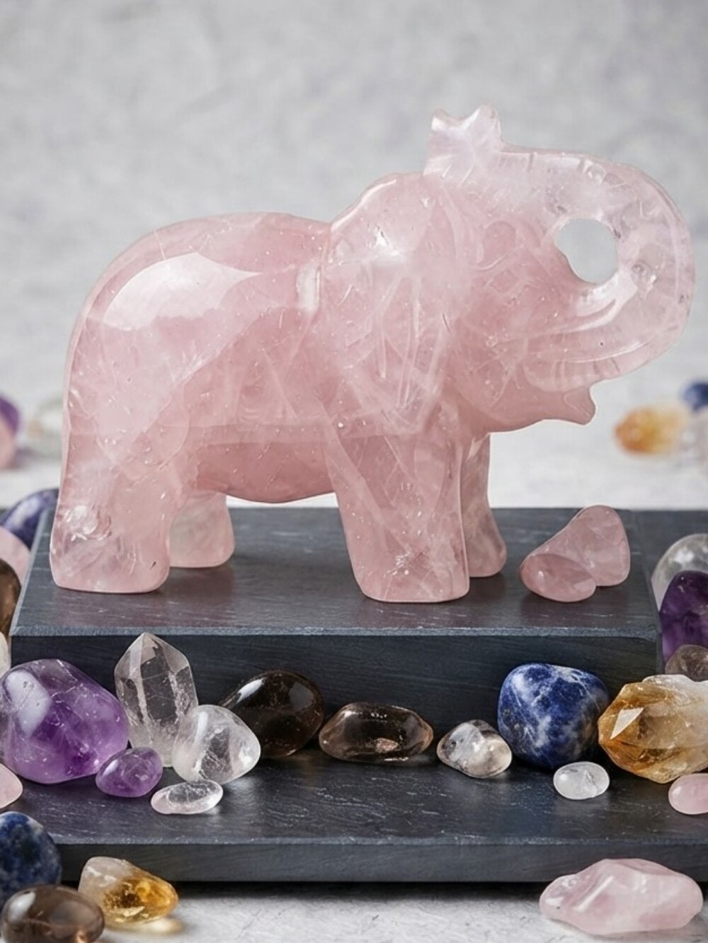 New Rose Quartz Elephant Crystal Carving Flash Inclusions Cute Pink Home Art